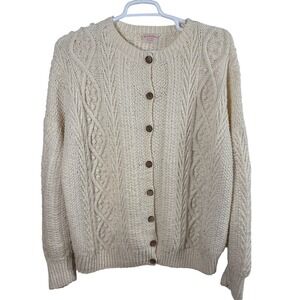 Handmade Cream Chunky Cable Knit Cardigan Women's XL Cottagecore Grandmacore